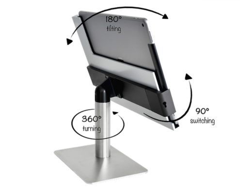 Viveroo free flex iPad Ständer in der Farbe SuperSilver. Der iPad Tischständer ist flexibel drehbar und kann so vielseitig genutzt werden.