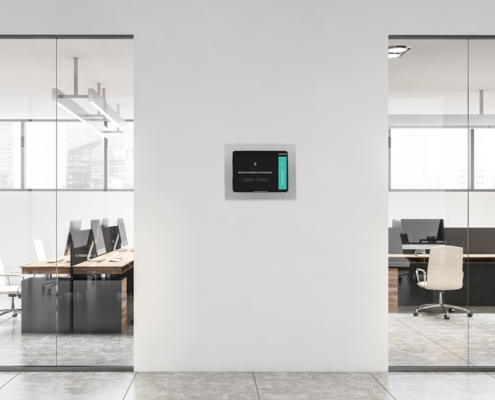 The viveroo level iPad mount can also be integrated into the wall for room occupancy in offices via iPad.